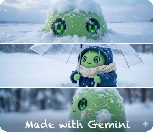 Geminiで生成した雪景色とシンナモが生成表示される。