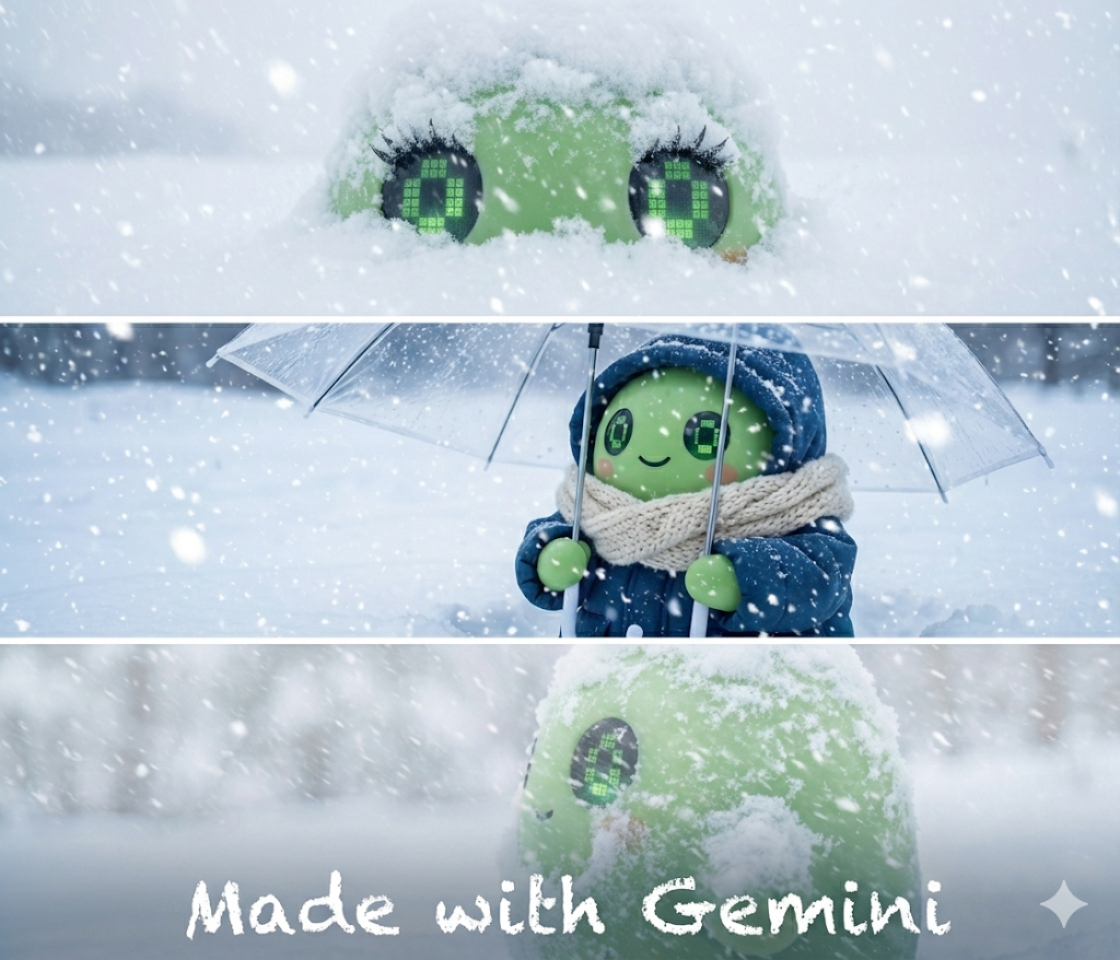 Geminiで生成した雪景色強めバージョンのシンナモ画像が表示される。
