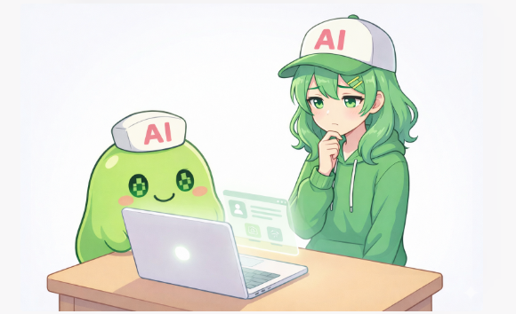 ChatGPTで生成した画像。オリジナルキャラクターシンナモ・擬人化シンナモがPCを見ながら著作権について悩む様子が表示される。