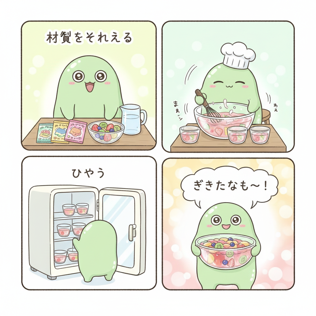 Nanobanaで生成された画像。オリジナルキャラクターシンナモがゼリーを作っている。