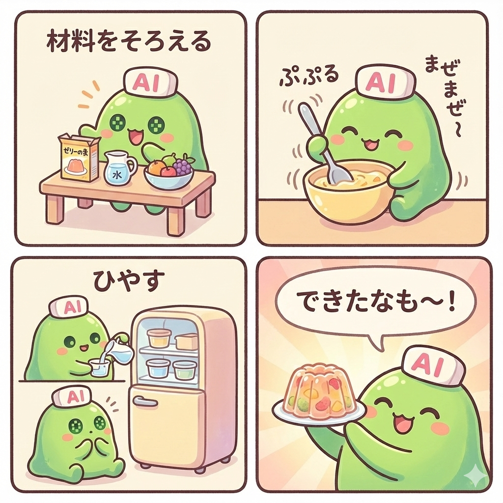 NanobanaProで生成。オリジナルキャラクターシンナモがゼリーを作っている。