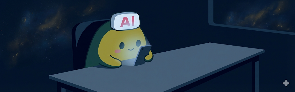 NanobananaProで生成されたシンナモがスマホを見てる画像が表示される。