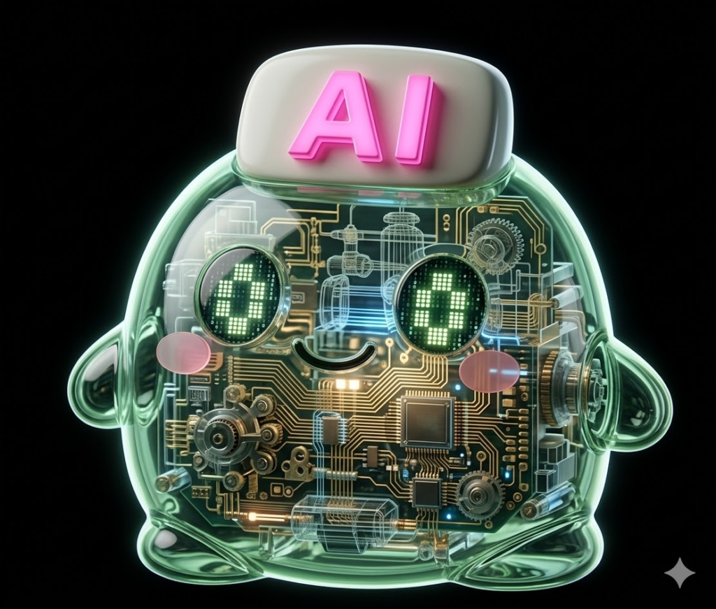 黒背景の中に、黄緑色の丸いオリジナルキャラクターが半透明のスケルトン仕様で表示されている画像。帽子の「AI」文字や笑顔は残しつつ、体の中には基板、回路、ギアのようなメカ構造が見えている。