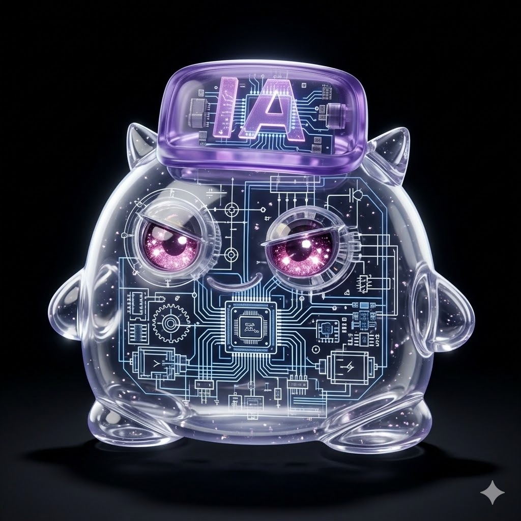 黒背景の中に、紫色の丸いオリジナルキャラクターが半透明のスケルトン仕様で表示されている画像。帽子や表情は元デザインを残しながら、体内には青白い回路や電子基板のような内部構造が描かれている。