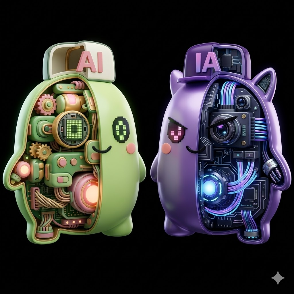 黒背景の中に、黄緑と紫の2体のオリジナルキャラクターが並んだ断面図風画像。体の片側だけ外装が開かれ、内部に回路、配線、発光コア、レンズのようなメカ構造が見えている。