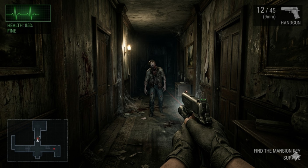 ホラーゲーム風の薄暗い洋館の廊下で、前方のゾンビに向けて拳銃を構えている。画面右手前には一人称視点の手と銃、左上に体力表示、左下にミニマップ、右上に弾数表示がある。