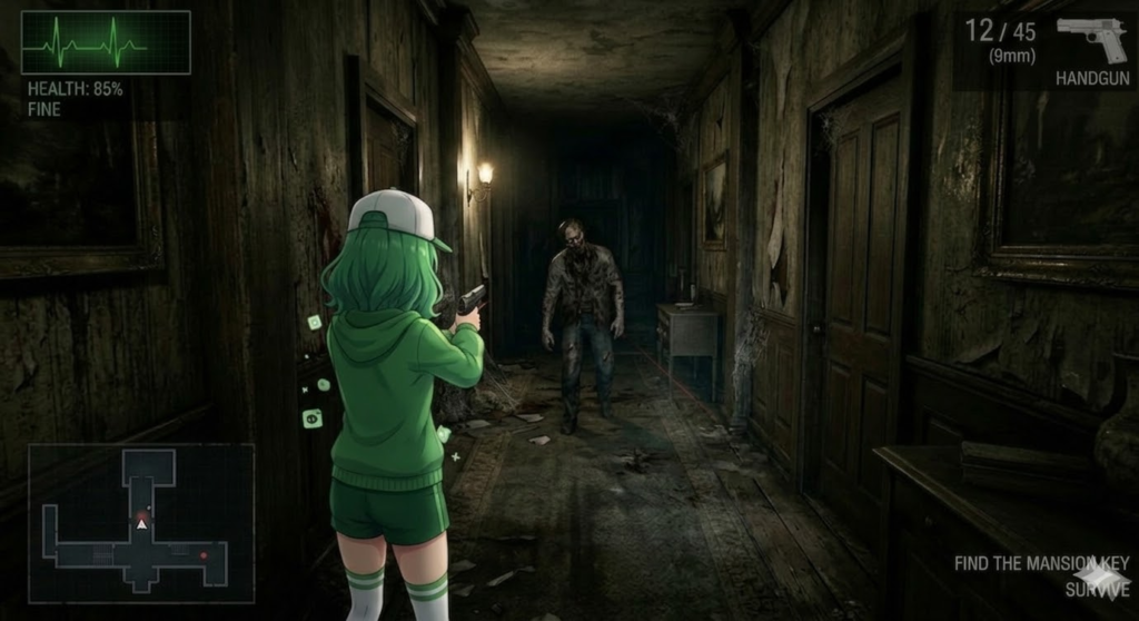 ホラーゲーム風の薄暗い洋館の廊下で、緑髪の少女キャラクターが前方のゾンビに向けて拳銃を構えている。左上の体力表示、左下のミニマップ、右上の弾数表示などのゲームUIが残っている。