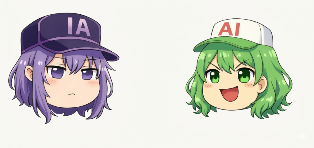 ChatGPTで生成したオリジナルキャラクター、ゆっくり風の擬人化シンナモとアンナモが表示される。