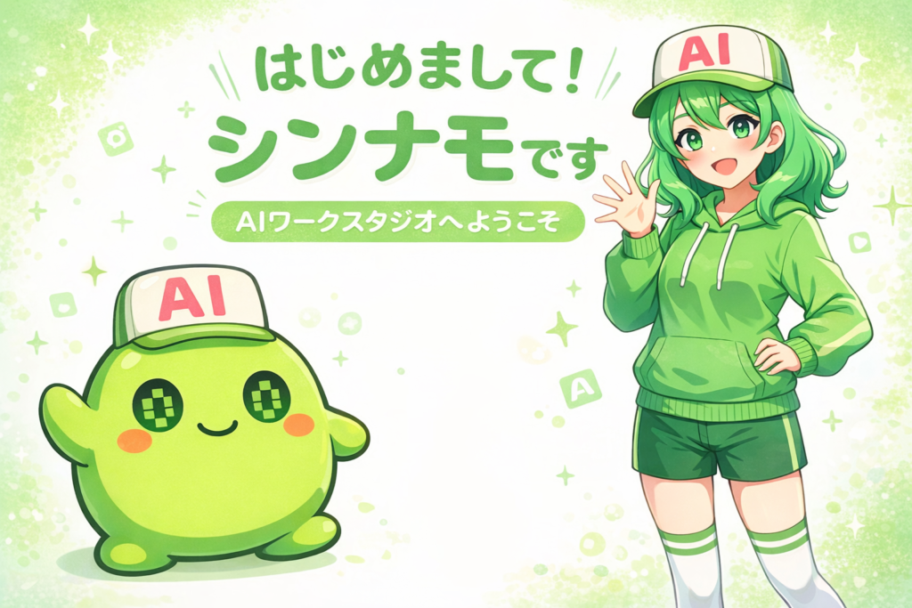 枝豆シンナモと擬人化シンナモが並ぶ、ChatGPT生成の自己紹介画像。白と緑を基調にした背景に「はじめまして！」「シンナモです」「AIワークスタジオへようこそ」の文字が配置されている。