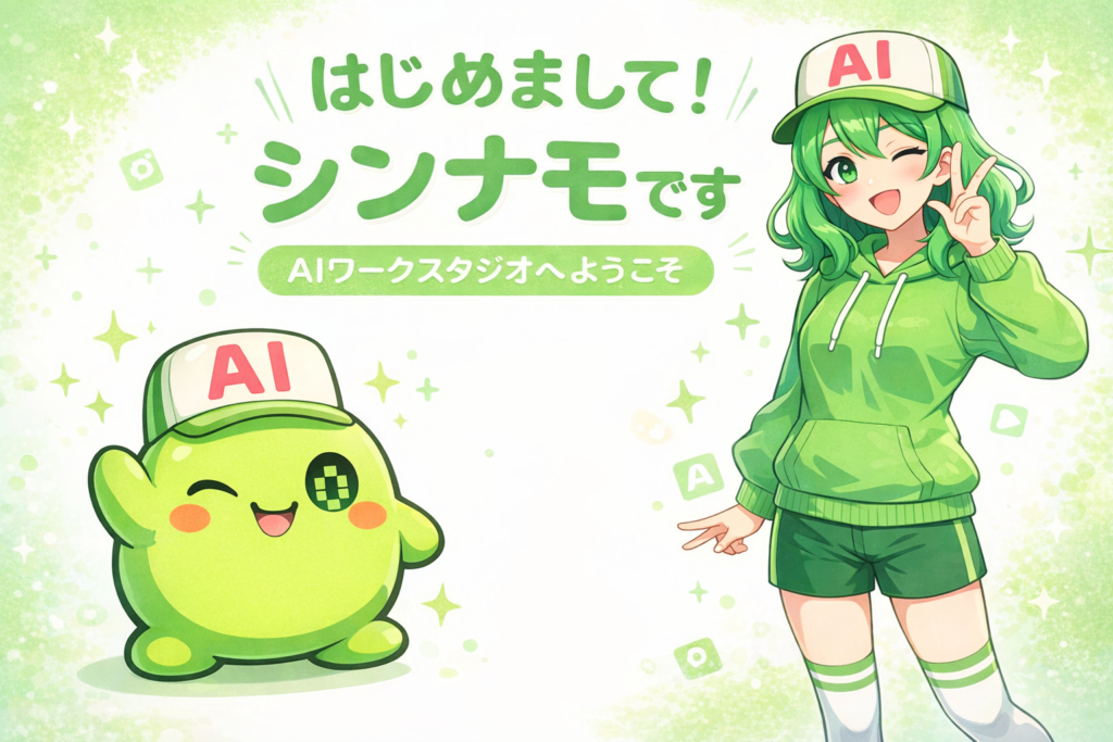 枝豆シンナモがウインクし、擬人化シンナモが笑顔でピースしているChatGPT生成画像。元の自己紹介ビジュアルの構図や文字配置を保ったまま表情とポーズが変更されている。
