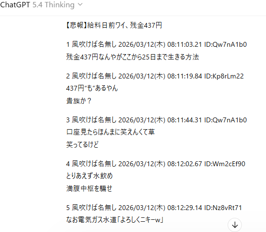 ChatGPT 5.4 Thinkingの画面キャプチャ。スレタイは「【悲報】給料日前ワイ、残金437円」。1から5までのレスが表示されており、「残金437円なんやがここから25日まで生きる方法」「437円“も”あるやん 貴族か？」など、給料日前の金欠をなんJ風に再現した会話が並んでいる。
