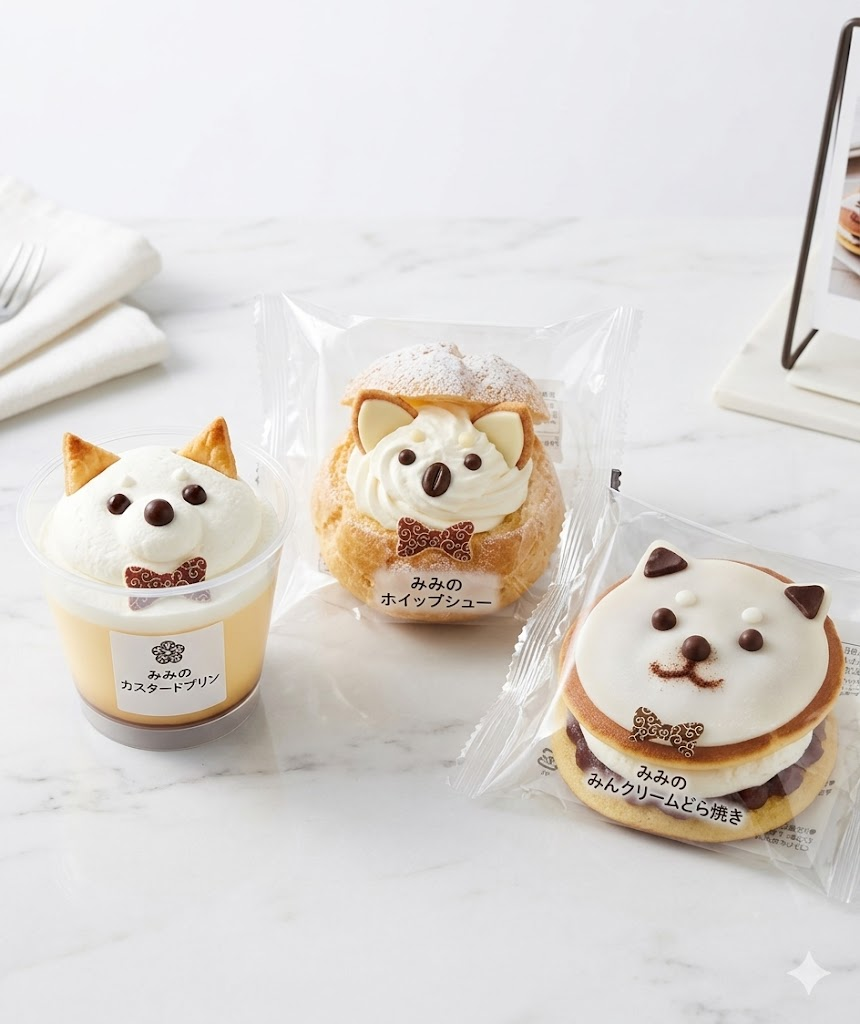 明るいテーブルの上に、愛犬みみをモチーフにしたコンビニスイーツ3種類が並んでいる画像。左は白い犬顔のカスタードプリン、中央は白い犬顔のホイップシュークリーム、右は白い犬顔のクリームどら焼き。全体的に白くやわらかい印象で、透明パッケージ入りの商品写真風に撮られている。