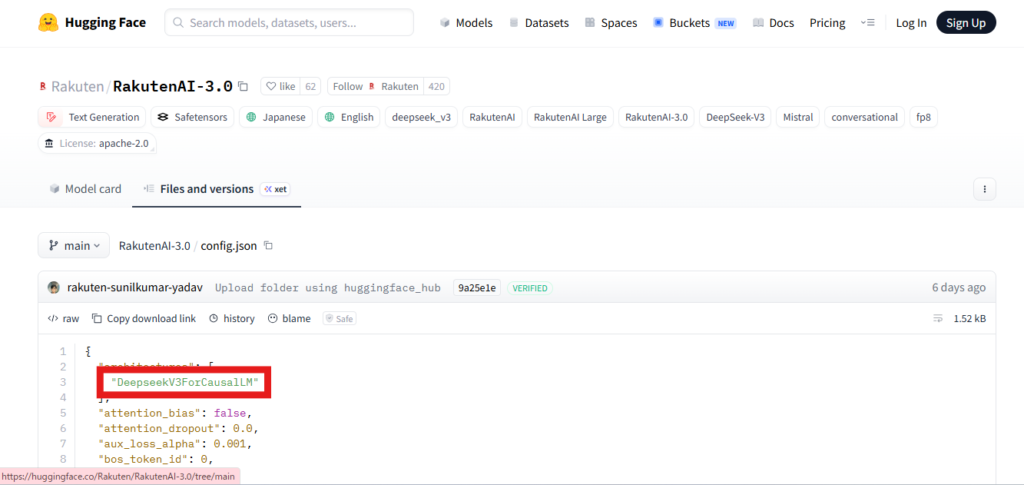 Hugging Face上のRakutenAI-3.0公開ページのスクリーンショット。Files and versionsタブでconfig.jsonが開かれており、設定ファイル内の DeepseekV3ForCausalLM という記述が赤枠で強調表示されている。ページ上部には deepseek_v3 や DeepSeek-V3 などのタグも見える