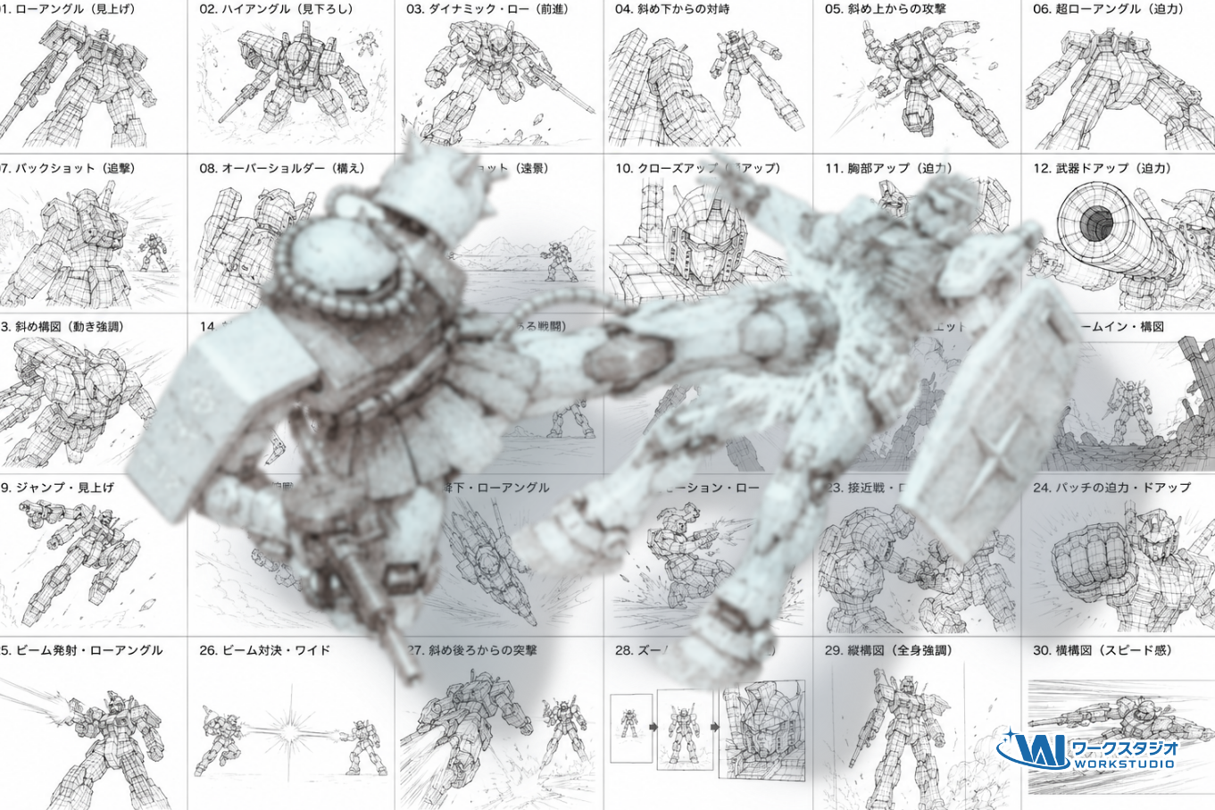 メカノイドのストーリーボード用線画スケッチを作るプロンプト